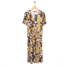 Kim & Co Printed Smocked Waist Midi Dress Size L NEW Camel Beige Floral