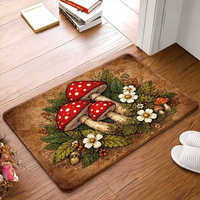 Vintage Mushroom Flower Pattern Doormat, Bath Mat, Durable Machine Washable Fl