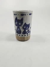 Mino Ware Japanese Yunomi Chawan Long Tea Cup Cat Family Kitty Blue White 