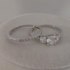 925 Sterling Silver 3-Stone CZ Engagement Ring Wedding Band Set Size 9.75