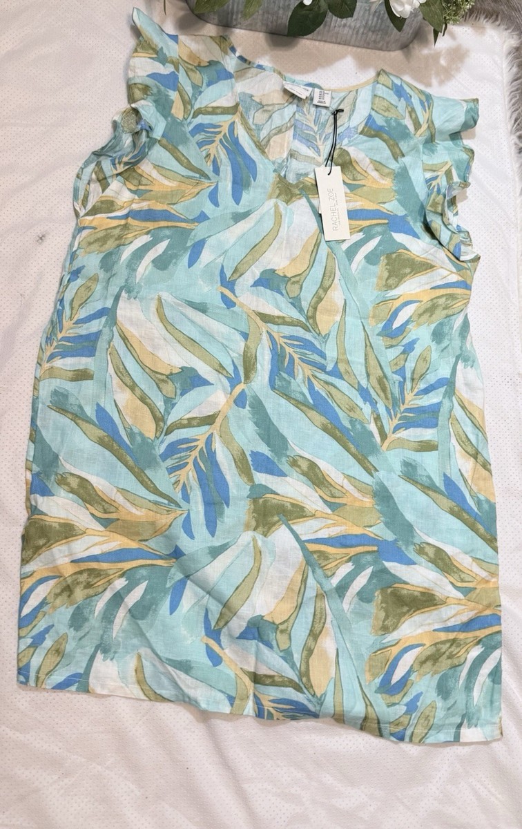 rachel zoe linen floral dress Rachel Zoe Blue Floral Print Linen Blend Midi Dress New Size Large Pockets