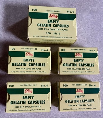 Lot Of Five Boxes Lilly Clear Gelatin Empty Capsules 1 Box No.2  4 Boxes No.4