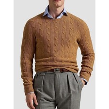 Polo Ralph Lauren Men's Cable Knit Silk Camel Crewneck 100 Silk Sweater Sz XL