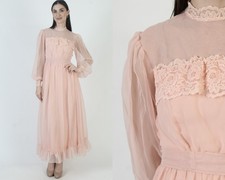 Vtg 70s Peach Chiffon Dress Sheer Lace Bridesmaids Victorian Tea Bridal Gown