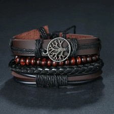 4Pcs/ Set Braided Wrap Leather Bracelets for Men Vintage Life Tree Rudder Charm
