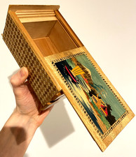 Fantastic Vintage / Antique Wood Inlay Japanese Puzzle Box ft. Mt. Fuji & Lotus