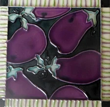 Eggplant hand painted ceramic art tile coaster 4 x 4 inches with back