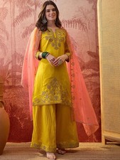 Yellow Embroidered Kurta 3Pc Set Women Silk Blend Palazzo Dupatta