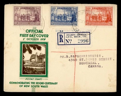 DR WHO 1937 AUSTRALIA FDC NSW ANIV COMBO REGISTERED M72280