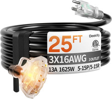 25 Ft 16/3 Awg 3 Outlet Extension Cord Splitter with Indicator, Waterproof Outdo