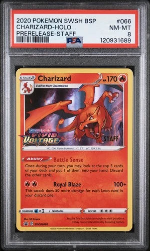 2020 POKEMON SWSH BLACK STAR PROMO PRERELEASE-STAFF #066 CHARIZARD-HOLO PSA 8