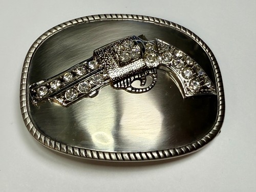 Jeweled Gun Pistol Revolver Rhinestone Accented Silver Color Oval Belt Buckle - 第 13/22 張圖片