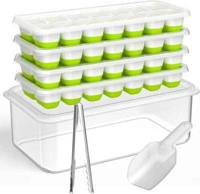 DOQAUS 4 pack Ice Cube Tray Set with Lid Bucket Scoop & Tongs BPA-Free Silicone