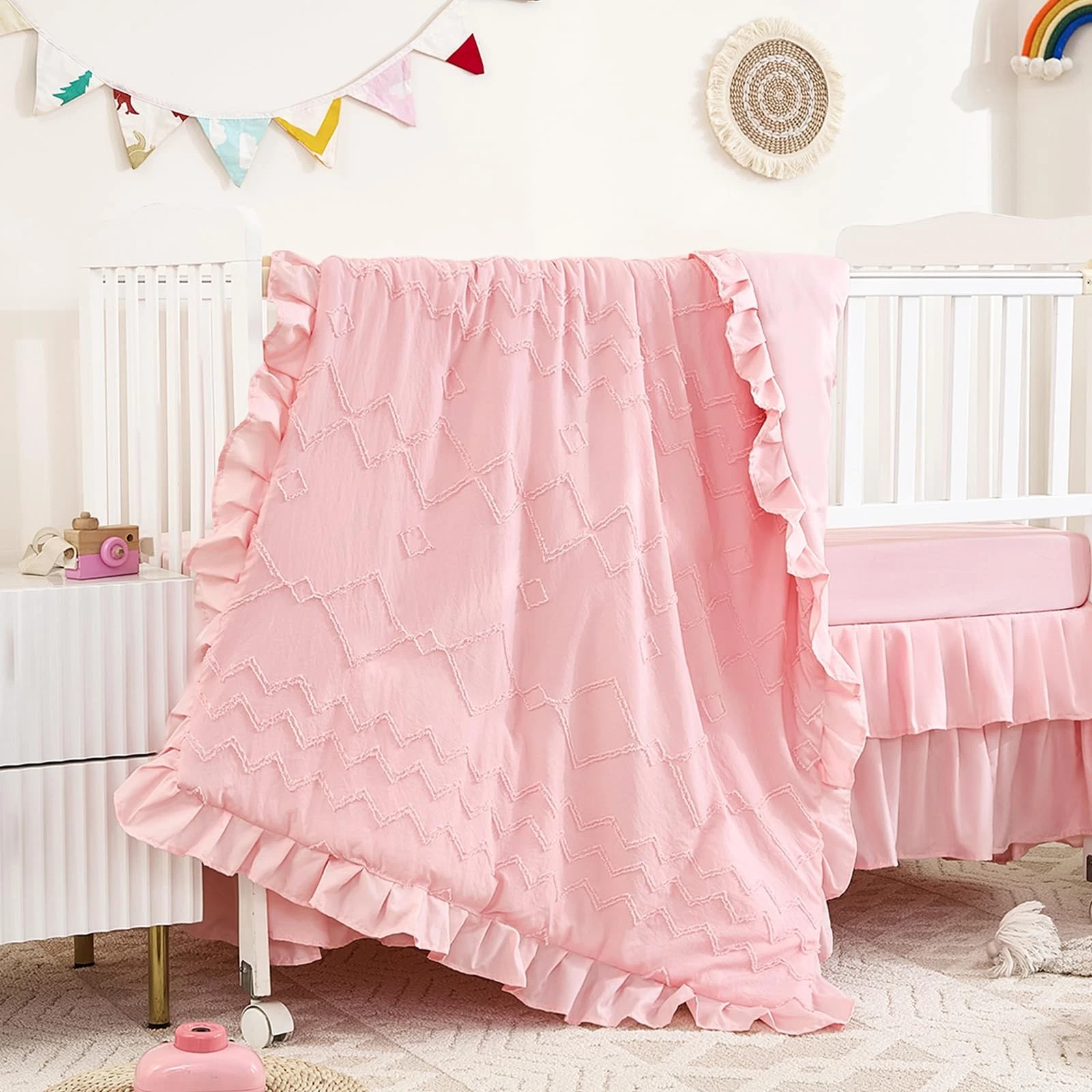 NacoMoco 3-Piece Tufted Ruffle Crib Bedding Set for Girls - Ultra Soft Baby B...