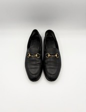 Gucci Black Leather Brixton Loafers Gold Horsebit Accent Size EU 36