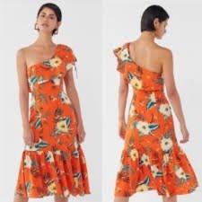Urban Outfitters Dress Womens Small Carmen Linen One Shoulder Ruffle Midi Orange