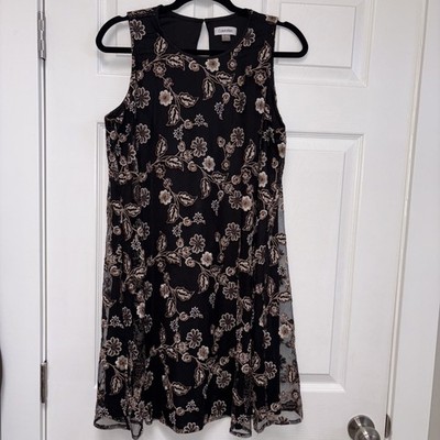 Calvin Klein Womens Dress Two Layer Sheer Mesh Embroiderd 12 Black Gold