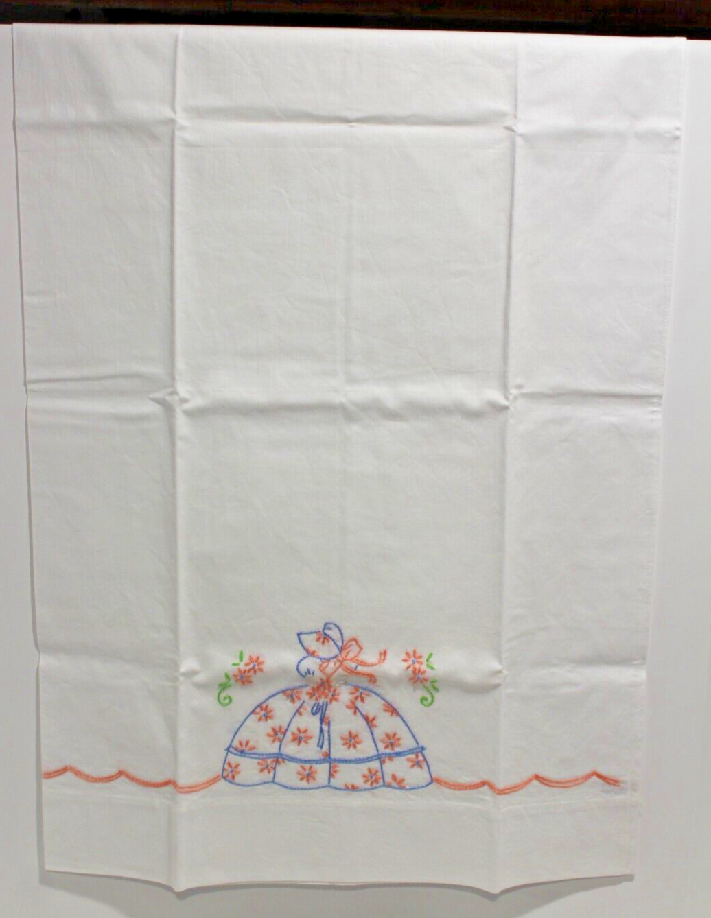 Vintage Pair White Queen Pillowcases Embroidered w/ Victorian Lady eBay