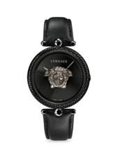 RELOJ VERSACE ESFERA NEGRA LOGO CORREA CUERO NEGRO MOVIMIENTO CUARZO SUIZO