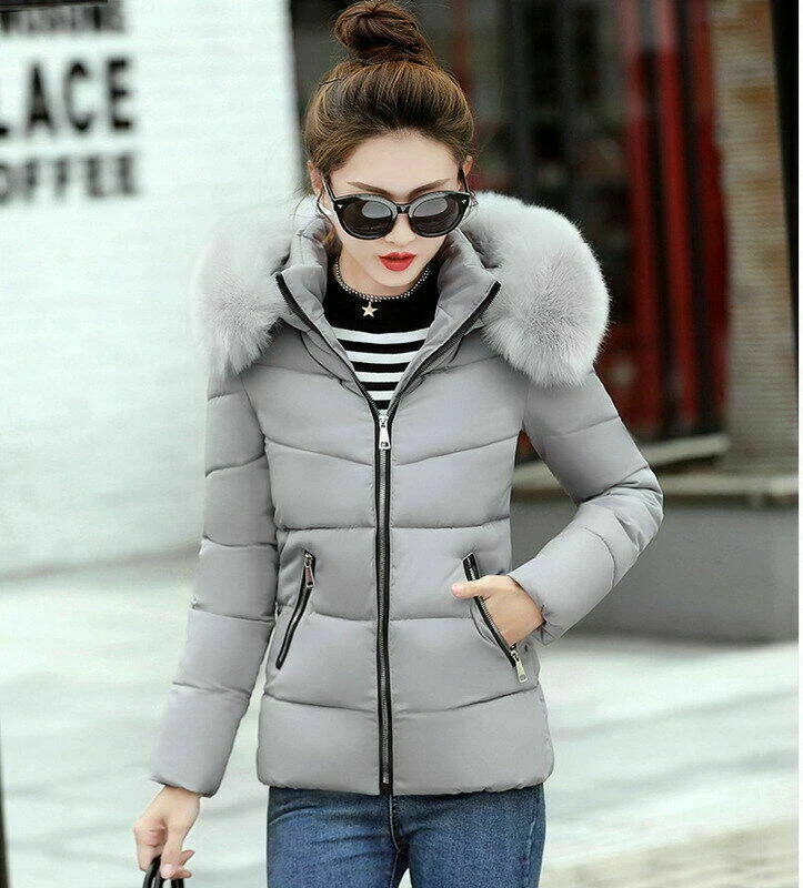 Mujeres Invierno Parka Puffer Cuello de Piel Burbuja Chaqueta Acolchada con Capucha Abrigo Cálido Foto 2 de 4