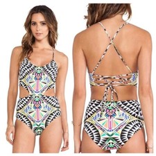 Mara Hoffman Cosmic Fountain Lace Up Cut Out One Piece Bathing Suit Swim XS 246
