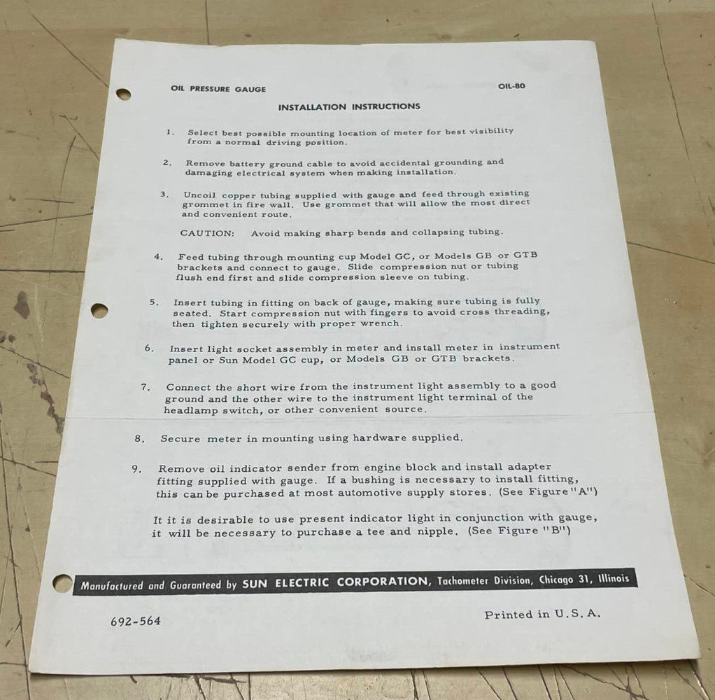 Vintage Original Sun Electric Corp Oil Pressure Gauge Installation Instructions