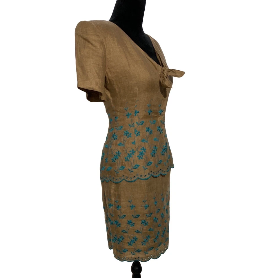 Traje Gemma Kahng 6 8 Blazer Falda Marrón Turquesa Floral Bordado Precioso Foto 3 de 4