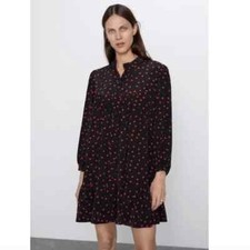 ZARA Vestito Donna L Nero Rosso Pois Manica Lunga Contadino Fluido Shabby