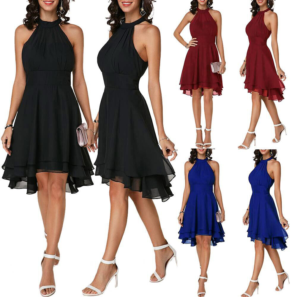 Sleeveless Cocktail Dress Halter Elegant A-line Chiffon Wedding Guest Neck V Back And Tiered Layers Black Midi Sleeveless Cocktail Dress Halter Elegant A-line Chiffon Wedding Guest Neck V Back And Tiered Layers Black Midi