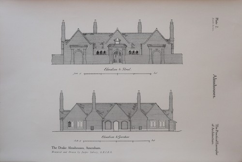 1928 ARCHITECTURE PRINT THE DRAKE ALMSHOUSES AMERSHAM ELEVATION BUCKINGHAMSHIRE