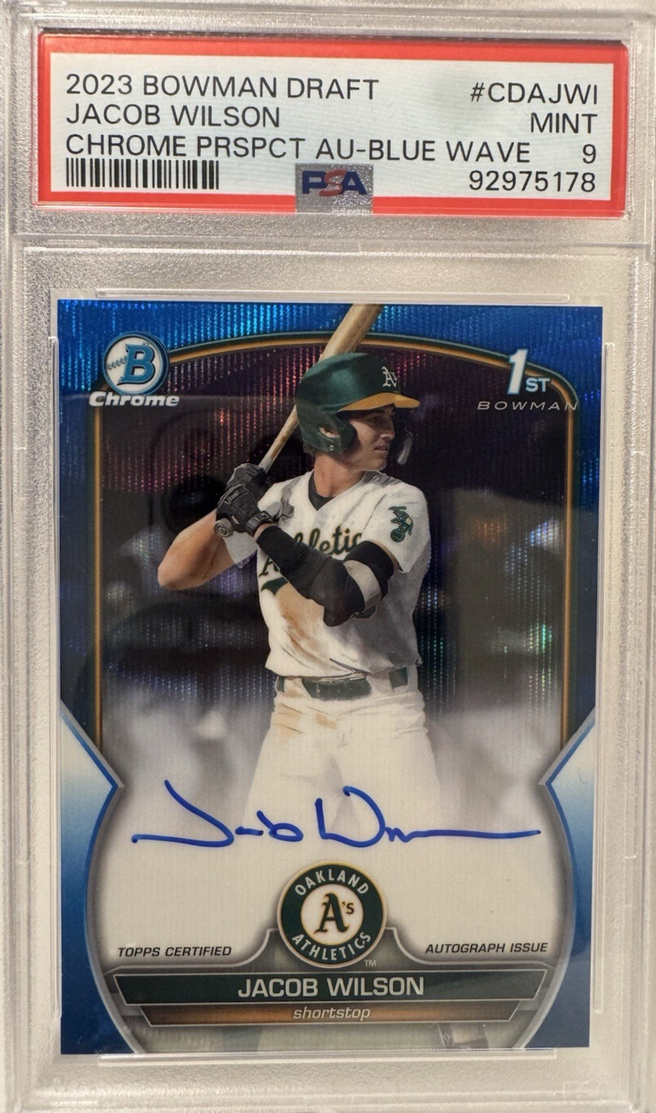 JACOB WILSON 2023 BOWMAN CHROME DRAFT 1ST BLUE WAVE AUTO /150 PSA 9 CDAJWI