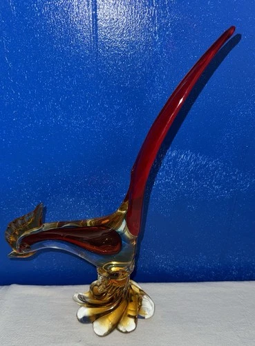Vintage Murano Red Amber Handblown Glass Art Pheasant Road Runner Italy 14"