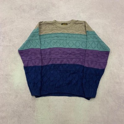 Vintage Eddie Bauer Strickpullover Blockfarbe Abstrakt Gemustert Grobstrick