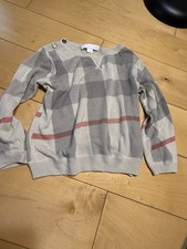 Burberry Kids Check Pullover Sweater Beige Gray Red Cotton Crew Neck Size 3Y