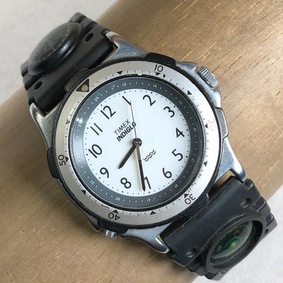 Vintage Timex Indiglo Men Travel Compass Rubber Band Quartz Analog Watch 7 3/4''