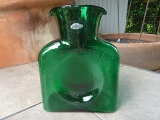 VTG 2005 Glass BLENKO Green Double Spout Pitcher Carafe Water Bottle Vase