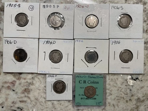 #9 Lot Of10SilverBarberDimes1905AU,1905S,1906(2),1906D(2),1906O(2),1906OVG,1906S