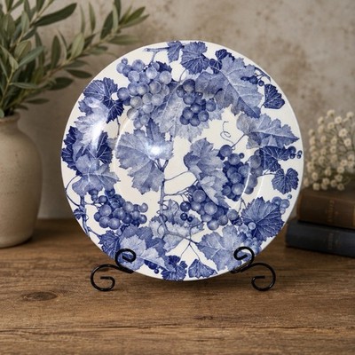 Quadrifoglio Ceramica Plate White With Blue Grapes 8'' D Made In Italy