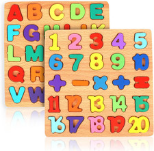 2 Pack Wooden Puzzles, Toddlers Alphabet Number Puzzles, ABC Learning Toys for K