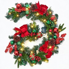 6ft Pre Lit Christmas Garland 20 LED Battery Red Berries Pinecone Bow Xmas Decor