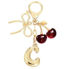 Bubble Initial Keychain with Bow  Cherry - Gold Letter Bag Charms for , Cute...