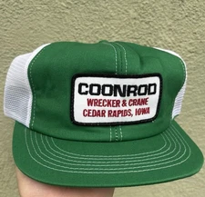 Vintage Coonrod Wrecker Crane Cap Hat K Products Iowa Mesh Green Patch Brand