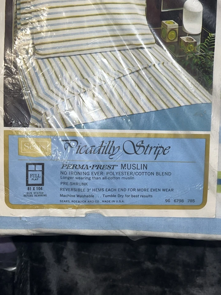 Sábana plana completa vintage Sears mezcla percal Picadilly rayas azul verde MCM NOS Foto 2 de 4