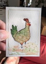 Green and peachy Pastel strutting Chicken Watercolor ACEO one-of-a kind artwork