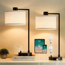 Table Lamp Set of 2 with USB C+A Ports, Fully Dimmable Bedside Lamp with LED