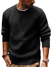 Mens Crewneck Sweater Waffle Knitted Pullover Sweaters Raglan Large Black