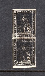 1857 ITALY TUSCANY SA#10 1q NERO FINE USED PAIR $3500.00 BEHR CERTIFICATE RARITY