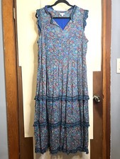 J. Jill Coastal Ruffles Sleeveless Midi Dress Blue Paisley Floral Boho Peasant L