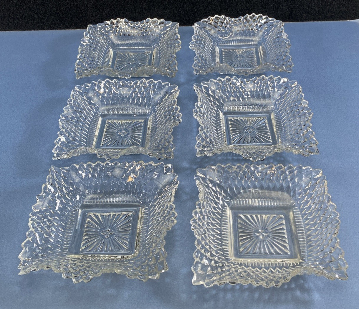 Vintage Indiana Clear Glass Square Ruffled Diamond Point Trinket Dishes Set of 6
