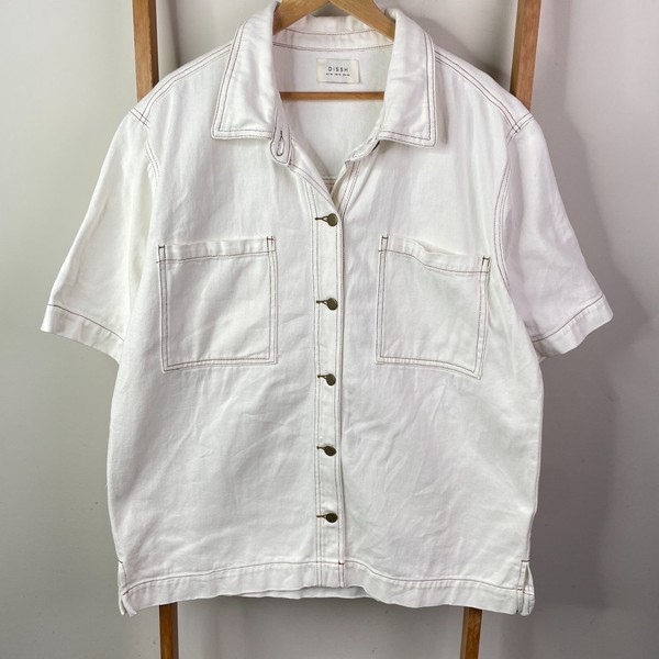 DISSH Button Up Shirt Womens 16 White Cotton Twill Utility Chest Pocket Workwear